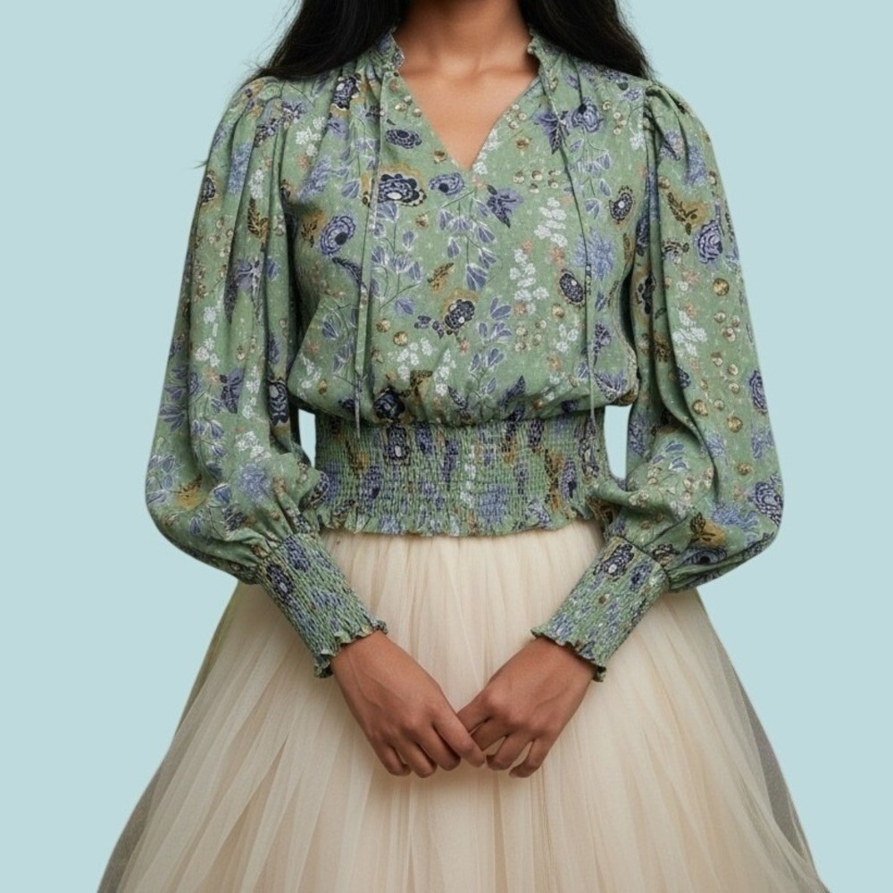 Rachel Zoe Smocked Blouse Size M Green Floral Puff Sleeve Boho Peasant Top